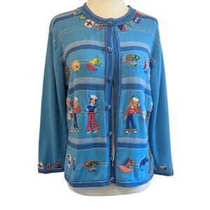 Jack B Quick blue striped nautical pattern cardigan sweater womens size medium